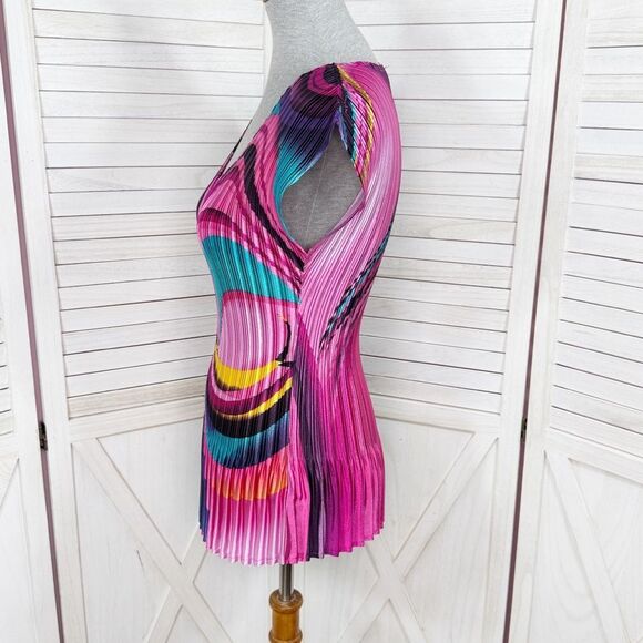 Vintage Y2K Milano Printed Accordion Pleat Stretchy V Neck Blouse Pink Medium‎ - Picture 2 of 12